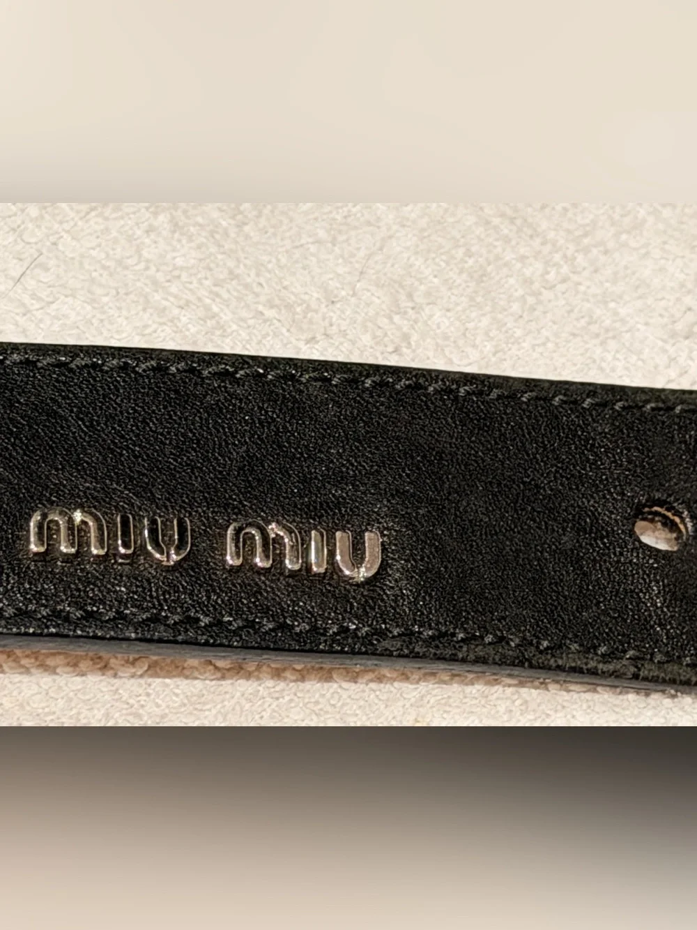 Miu Miu Black Leather Belt with Tan Edge and Round Silver Buckle 85/34